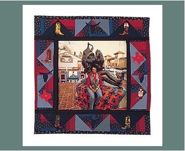 <b>Anita G. Knox with her quilts and a statue of Will Picket, the black cowboy.</b> Tarrent County, Texas, April 1993.