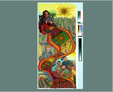 <b>The Continuous Threads of Traditional Imagery</b>, June 2000. Conceptualization and color selections by Roland L. Freeman.  Drawing by Julee Dickerson-Thompson and Roland L. Freeman.